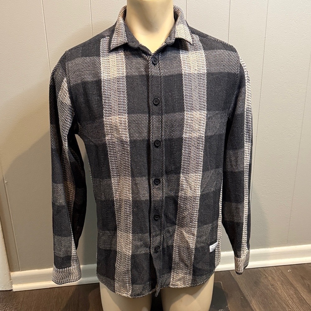 River Island Men’s Medium Black and Gray Plaid Casual Button Down Shirt